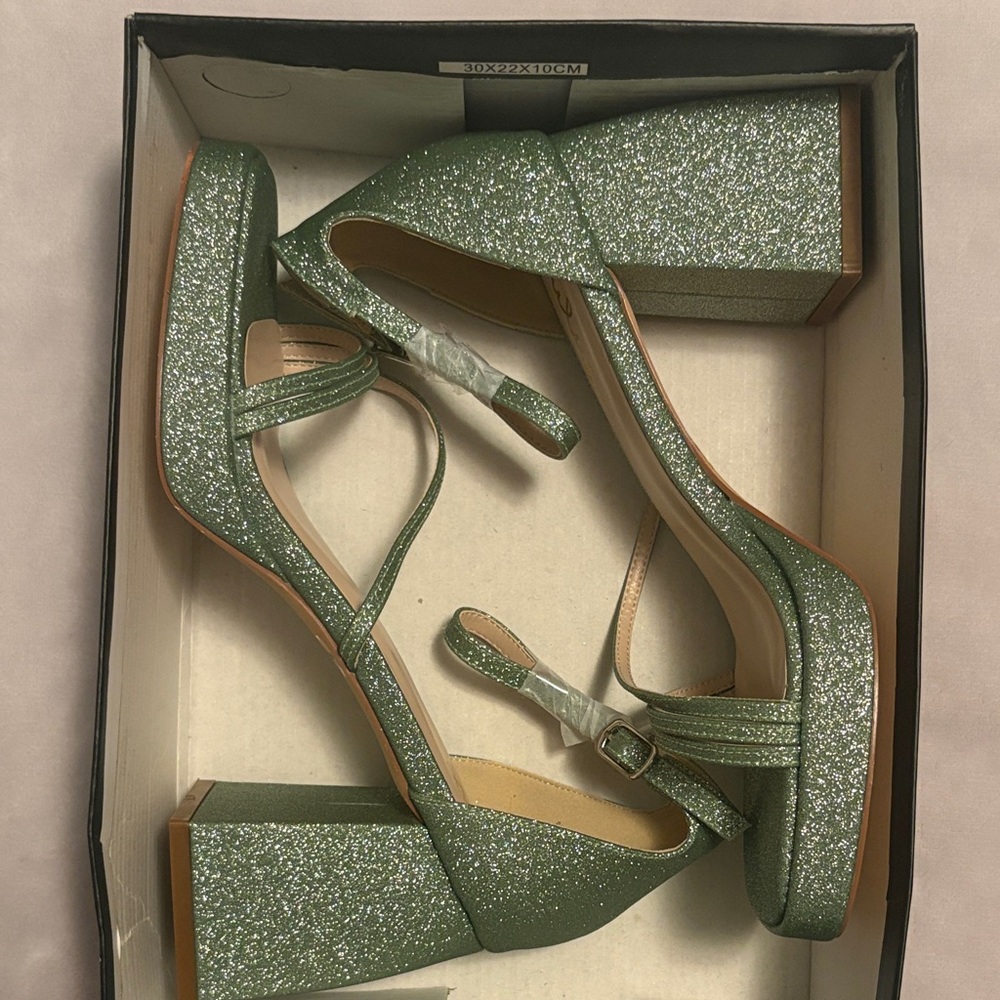Lulu's Sparkling Green Block Heel Sandals